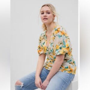 GAP Puff Sleeve Linen-Blend Peplum Top Sz: L